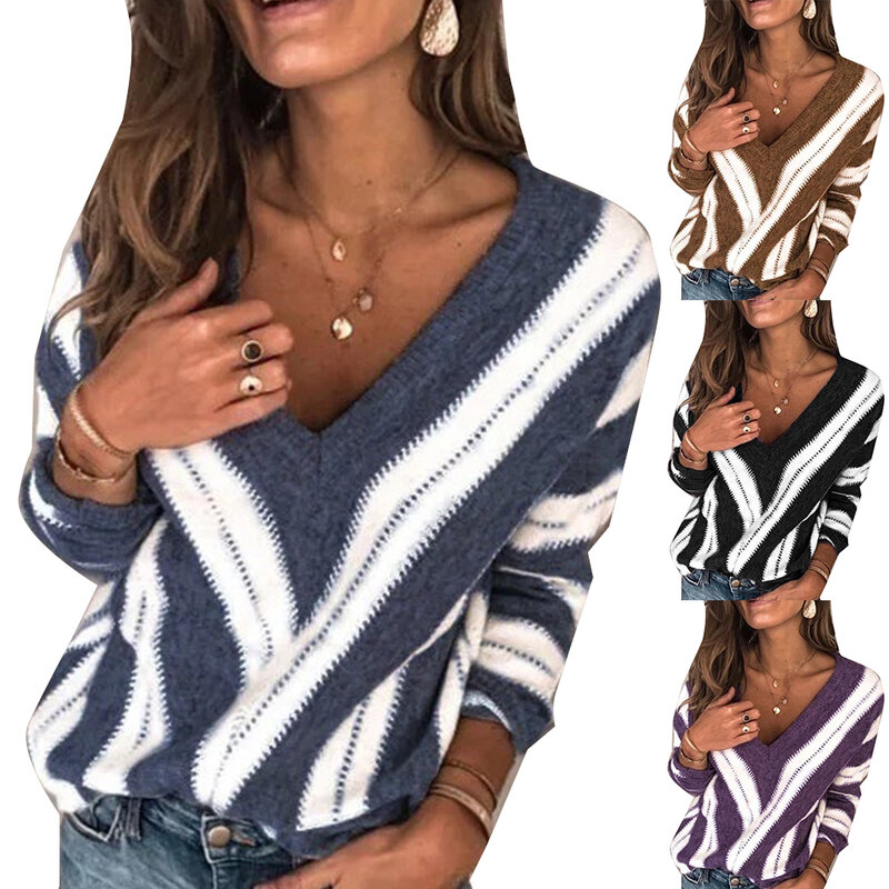 여성용 긴팔 V넥 컬러 블록, 루즈 플러스 사이즈 스웨터, 인기 판매 2020, 가을 패션