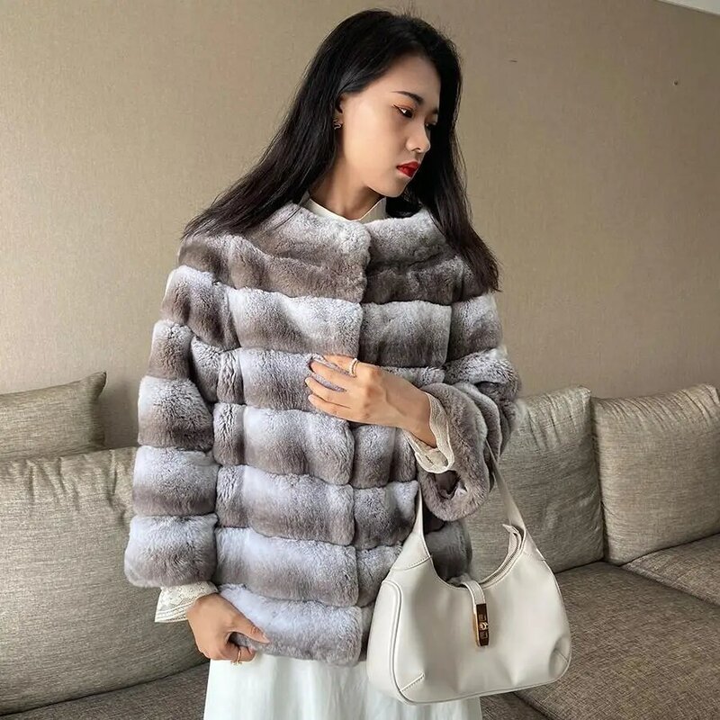 Top Selling Fur Jacket Rex Rabbit Fur Coat Cropped Elegant Stand Collar Classic