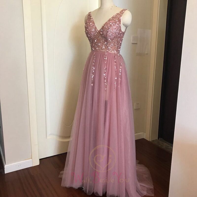 Gaun Prom Manik-manik 2023 Gaun Malam Tanpa Lengan Motif Tulle Belahan Tinggi Merah Muda Ukuran Plus Gaun Malam Punggung Terbuka Berenda A-line Vestido De