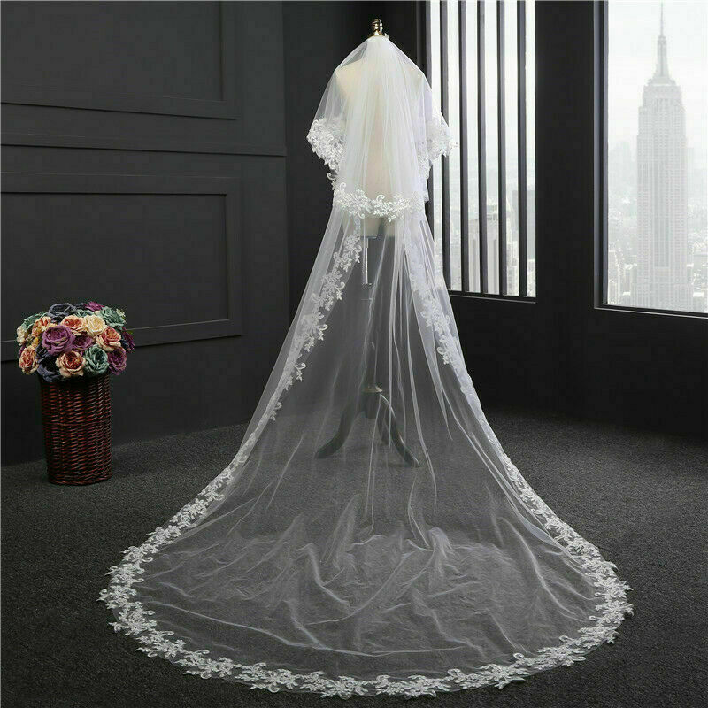 White Ivory Wedding Veil 3m Long Comb Lace Mantilla 2 Layer Cathedral Bridal Veils Wedding Accessories Veu De Noiva