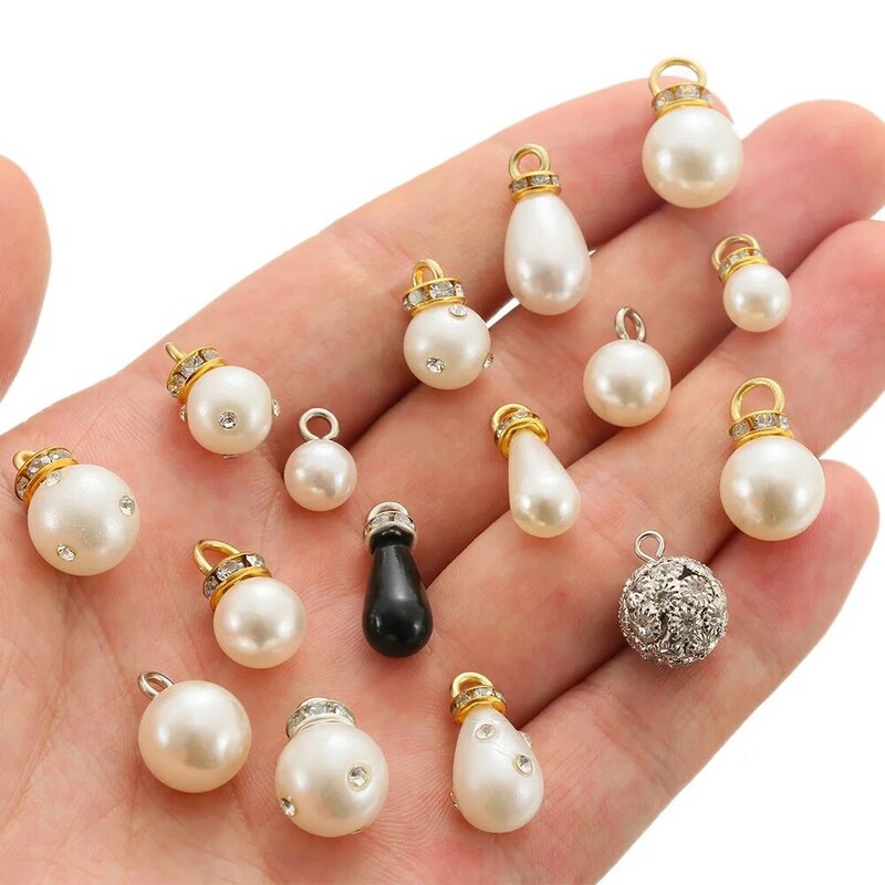 20pcs White Imitation Pearl Pendant Mixed Style Geometric Pearl Charm W/rhinestone DIY Handmade Jewelry Dress Accessories