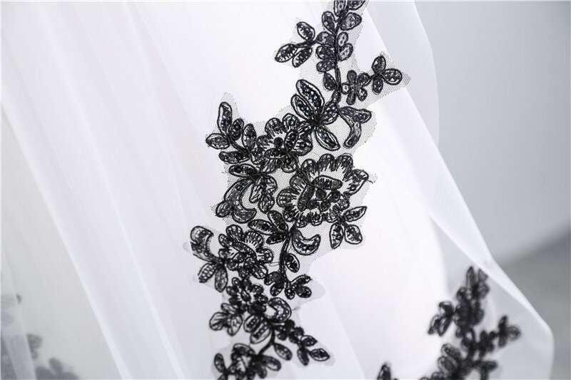 NUZK-velo de novia con borde de encaje negro de dos capas, velo corto con peine para fiesta de boda, Cosplay, 2022