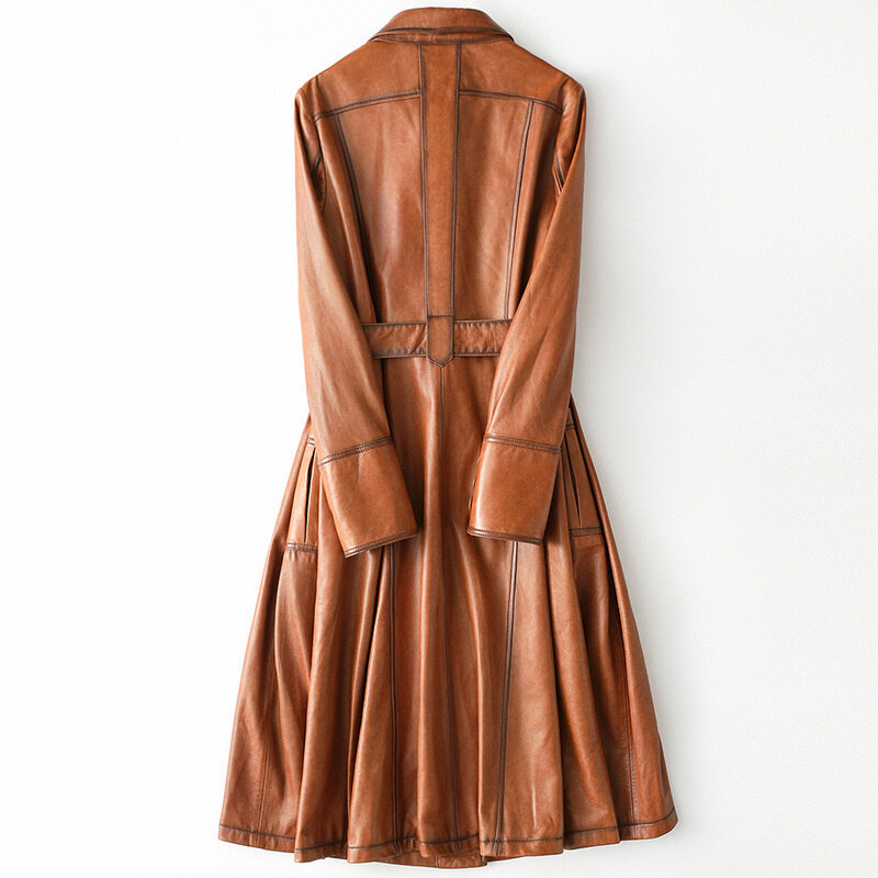 Mantel Kulit Domba Asli Mewah Antik Jaket Kulit Asli Wanita dengan Sabuk Mantel Parit Ukuran Besar Mantel Panjang Anti-angin Wanita