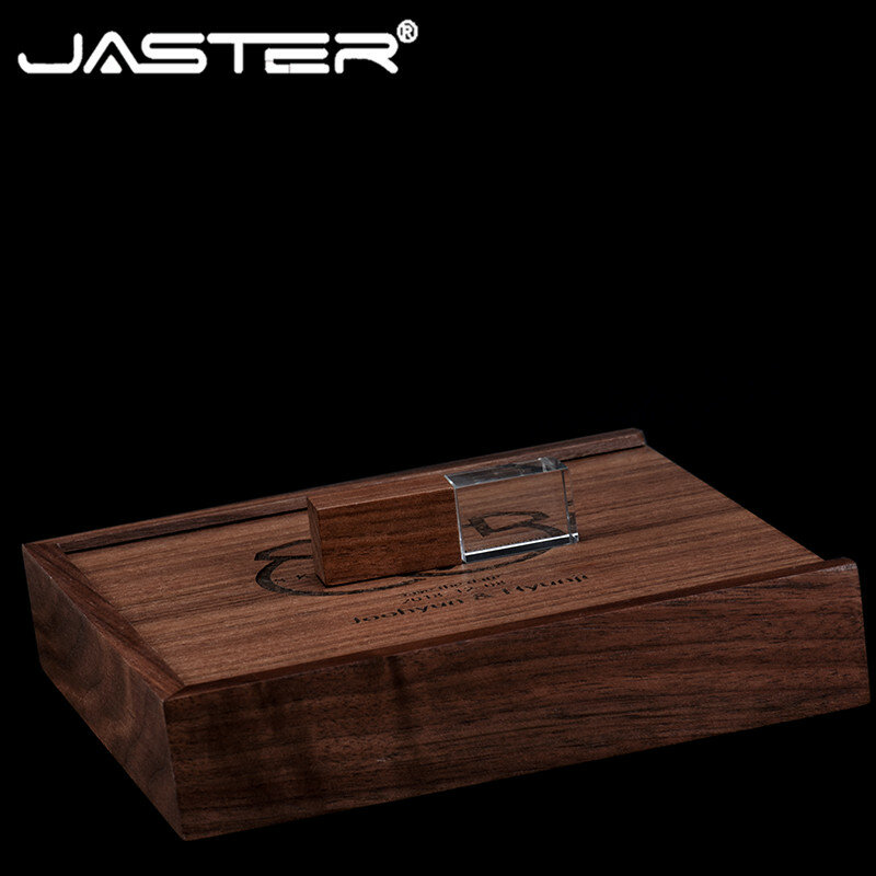 JASTER USB2.0 صندوق خشب الجوز (170*170) قرص فلاش الكريستال القلم محرك 4G 8G 16G 32G 128GB 64G U القرص هدية تذكارية الزفاف