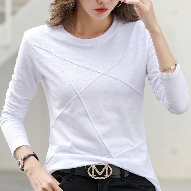 2023 Ribbed Sping Fashion Bamboo Cotton T-Shirt Autumn Women O-Neck Loose Simple Purple Tshirt Long Sleeve Ladies Green Cozy Top