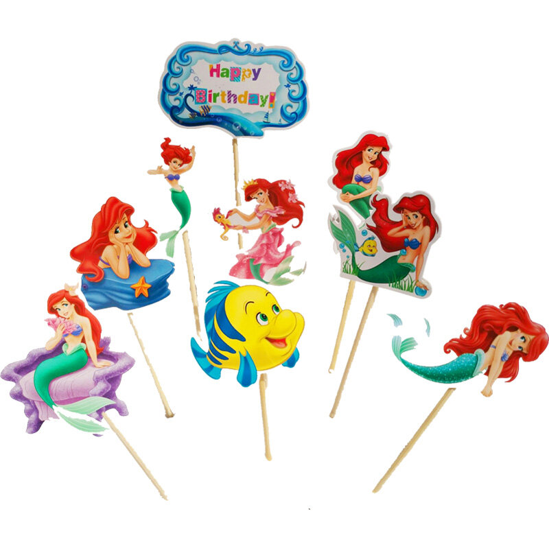 Little Mermaid Theme Cake Flags Happy Birthday Events Party Decorations Baby Shower Girls Kids Favors Cupcake Banner 1set/lot