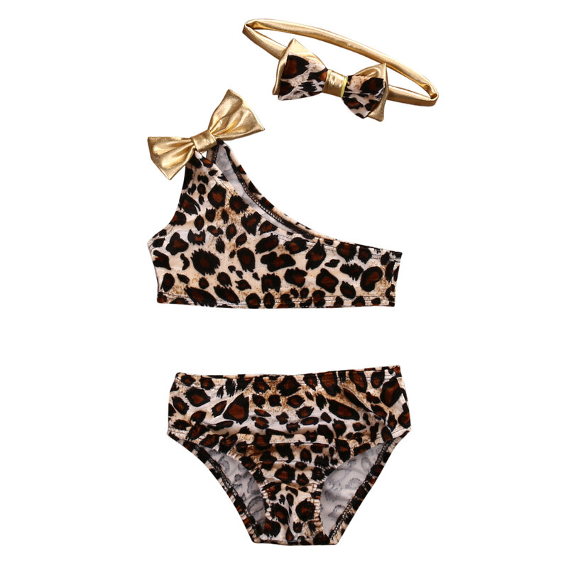 Conjunto de ropa de bebé con lazo de leopardo de 3 piezas, conjunto de Bikini para niños y niñas, traje de baño, traje de baño