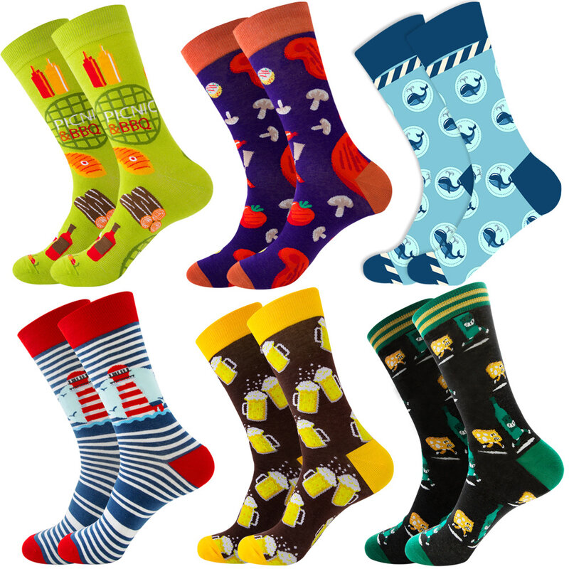 6 pairs of fashionable and interesting socks in different colors, happy planet's astronaut food, cute animal fruit men's socks