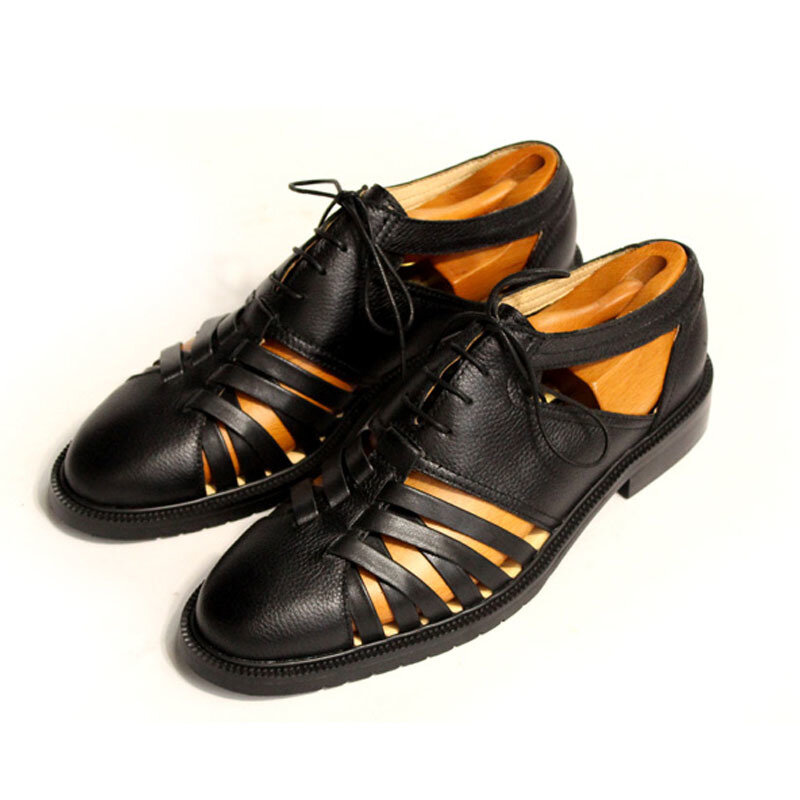 Sandalias de piel auténtica con cordones para hombre, zapatos de tacón de bloque con punta redonda, calzado de gladiador de talla grande, estilo Retro italiano