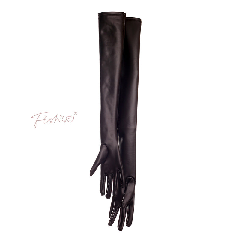 Ftshist เซ็กซี่ Full Finger Wetlook ถุงมือยาวสีดำยืดหยุ่น PU หนังถุงมือยาว Fetish Wear เครื่องประดับแฟชั่น