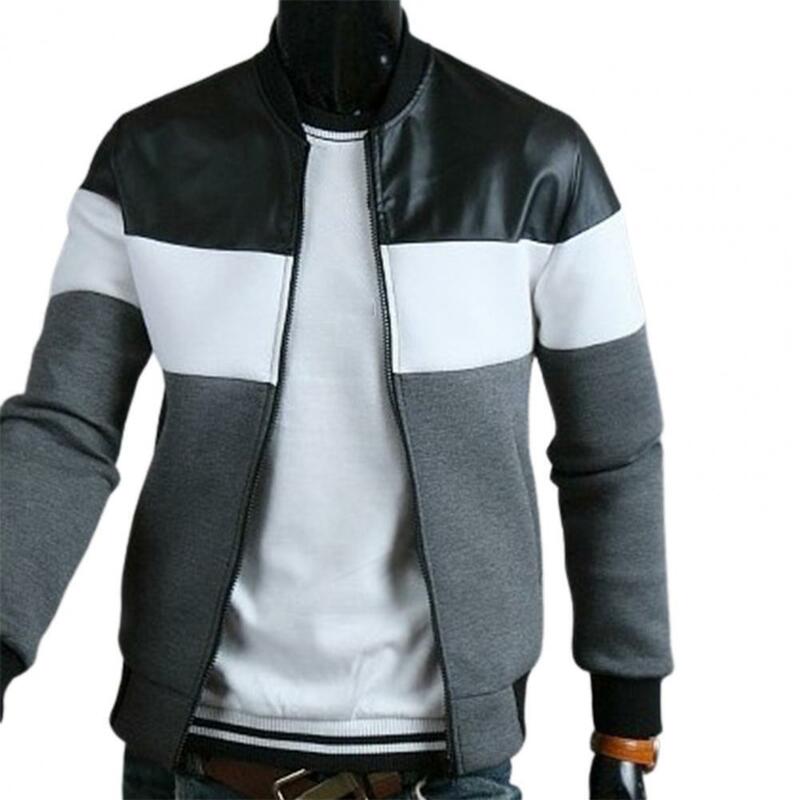 Men Jacket Oblique Pockets Handsome Stand-up Collar Three-color Contrast Splicing Autumn Coat for Outdoor