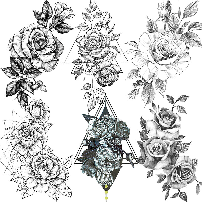Tatuajes temporales de flores para mujer, tatuajes de lirio de Flora Sexy a la moda, tatuaje falso de peonía triangular, boceto de arte corporal, tatuaje negro y rosa