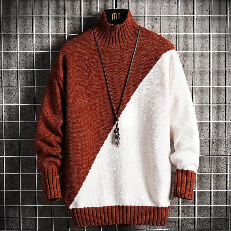 2021 New Warm Casual Sweater Men's Patchwork Fashion Trend Autumn Winter Half Turtleneck Knit Wear High Quality Tops Drop Ship
