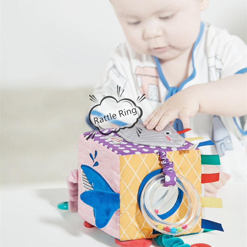 BC Babycare-Bola cuadrada de ante suave para bebé, juguete sensorial educativo, sonajero, mordedor