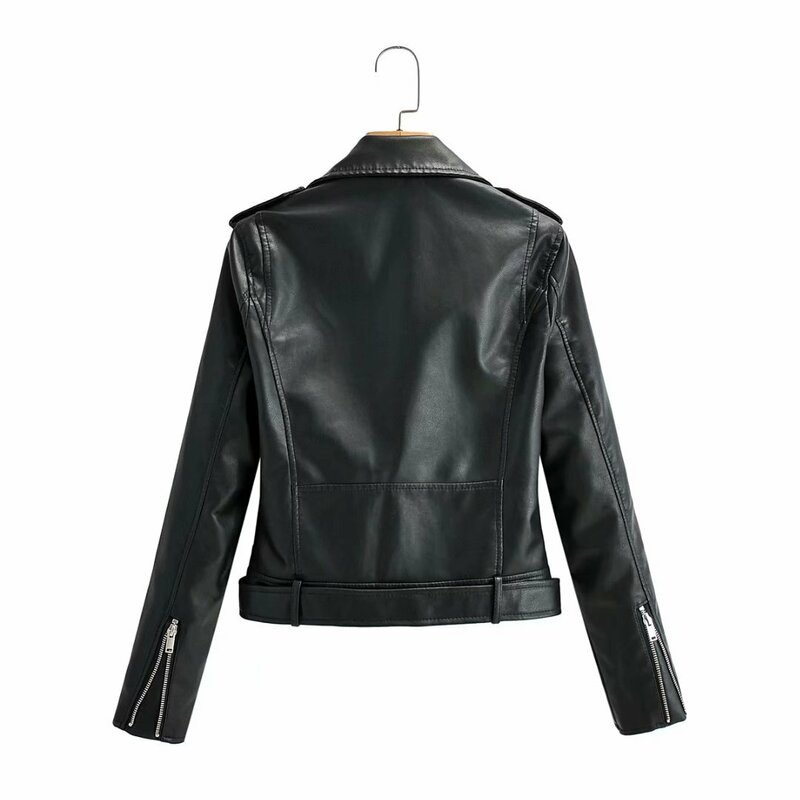 Novo casaco feminino outono inverno couro sintético preto jaqueta com zíper gola virada para baixo motor motociclista com correia