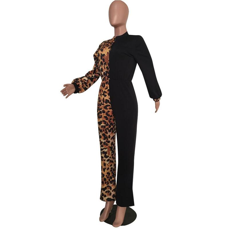 Bkld macacão feminino estampado de leopardo, macacões e macacões para mulheres, vestuário solto de manga comprida com decote em v sexy e da moda