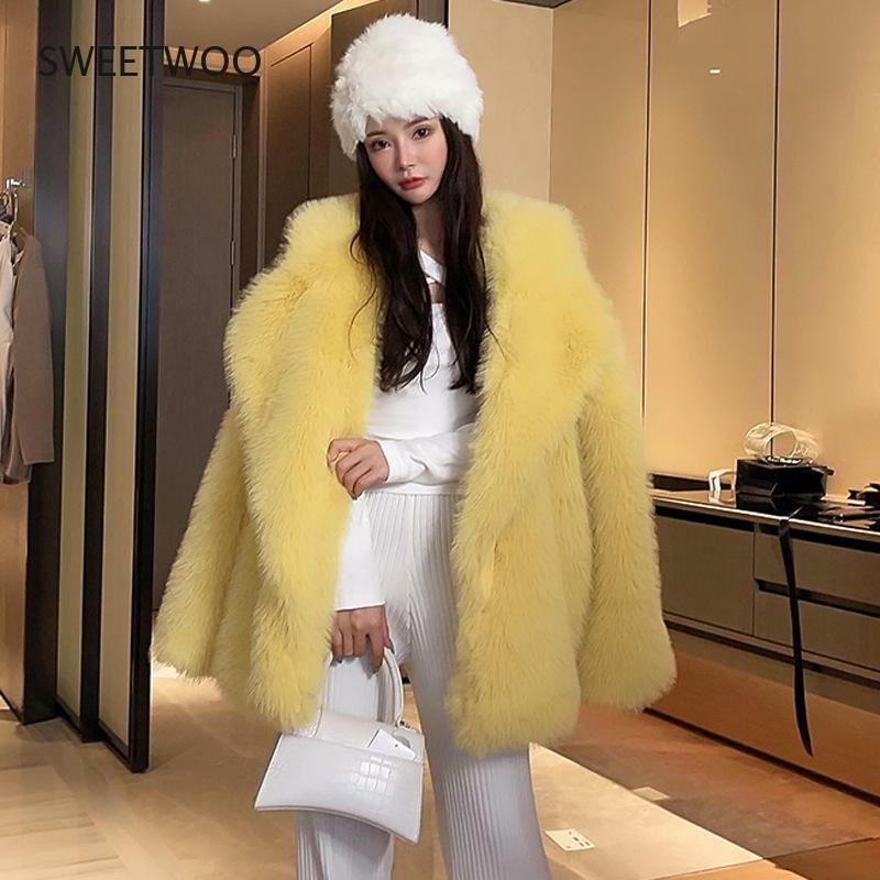 Jaket Bulu Rubah Palsu Panjang Musim Gugur Musim Dingin Baru Wanita 2021 Mantel Bulu Imitasi Hangat Wanita Pakaian Luar Solid Kerah Longgar
