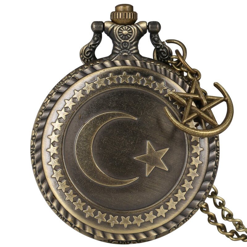 Retro Bronze Turkey Flag Design Moon Star Circle Quartz Antique Pocket Watch Punk Necklace Pendant for Men Women with Accessory