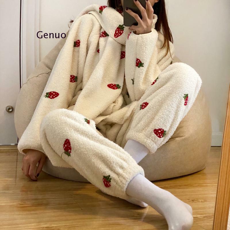 Pyjama en peluche deux pièces pour femmes, ensemble doux et mignon, imprimé fraise, écharpe, poches, col en v