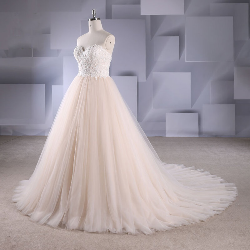 Custom Made Luxe Een Lijn Trouwjurken Netting Satin Applique Kralen Floor Lengte Bridal Gown Hof Trein Rits