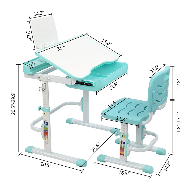 Mesa de elevação de 70cm que pode inclinar, mesa de estudo para crianças aprendendo e cadeira (com suporte para leitura sem lâmpada de mesa)