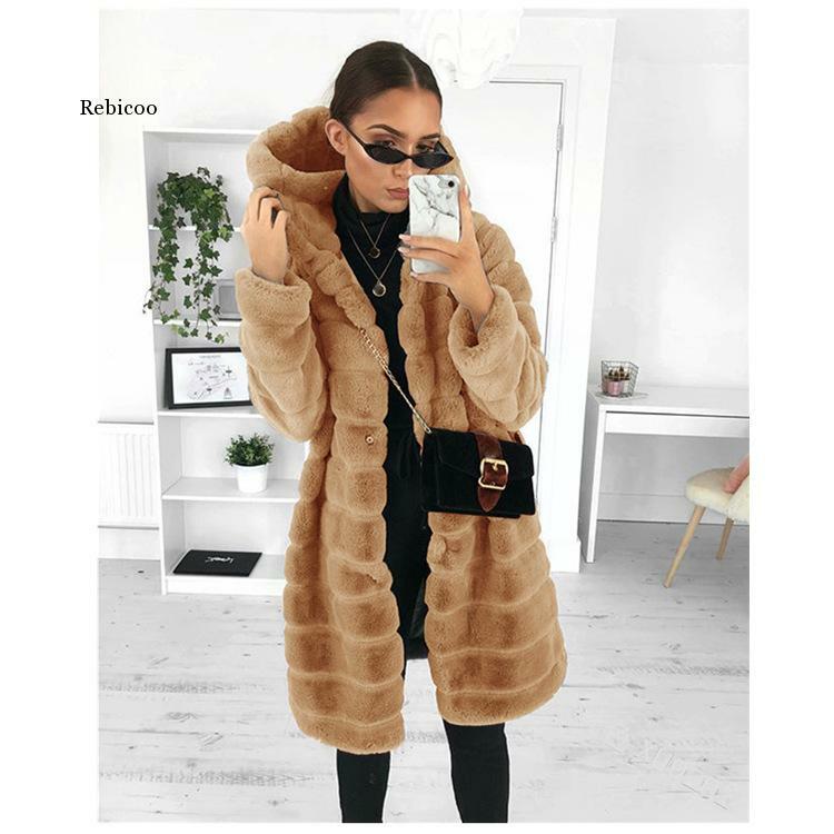 Manteau en fausse fourrure pour femme, épais et chaud, à capuche, manches longues, veste de luxe, hiver