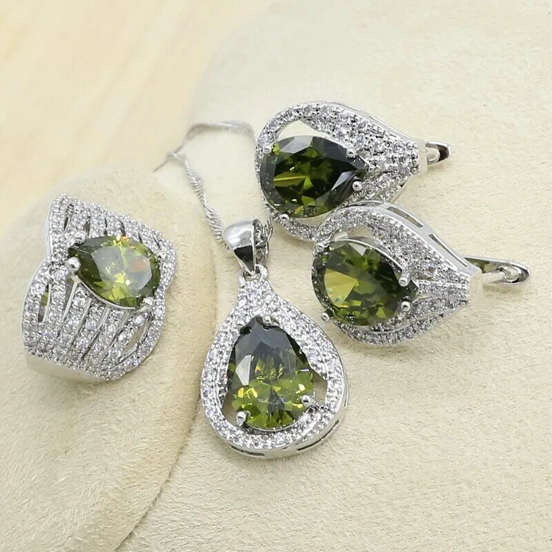Новинка 925, зеленая искусственная серебряная бижутерия, женский браслет, серьги, ожерелье, подвеска, кольцо, подарок на день рождения