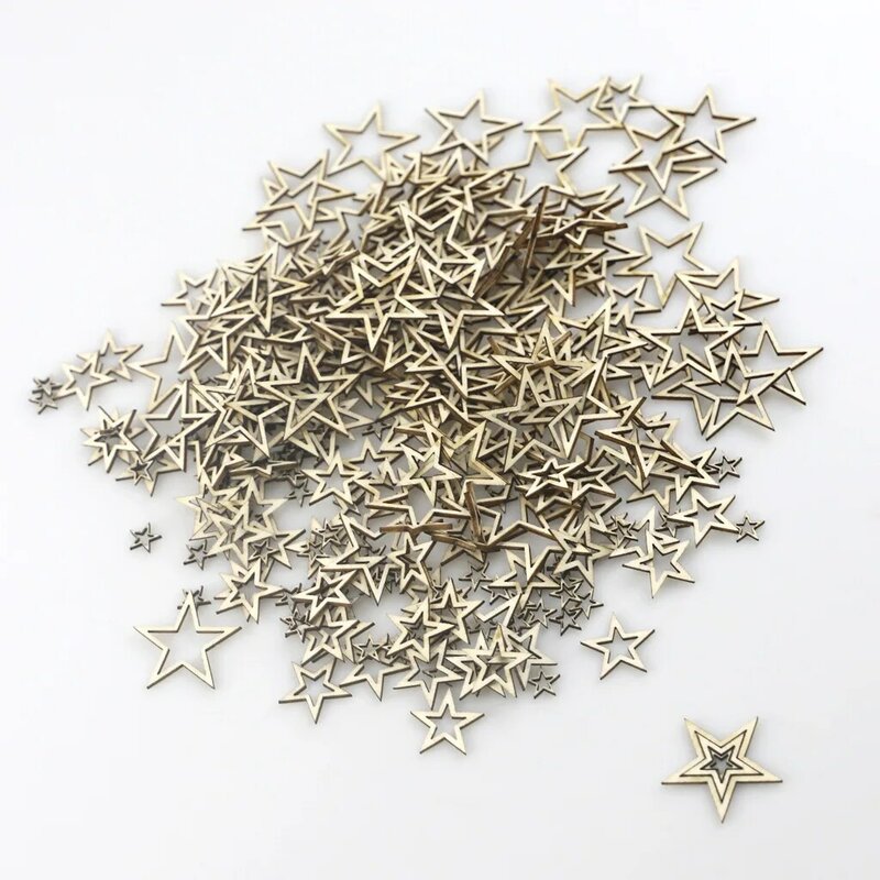 100 pçs inacabado de madeira estrelas ornamentos sortidas tamanho recorte em branco peças de madeira estrela para festa de casamento de natal artesanato diy
