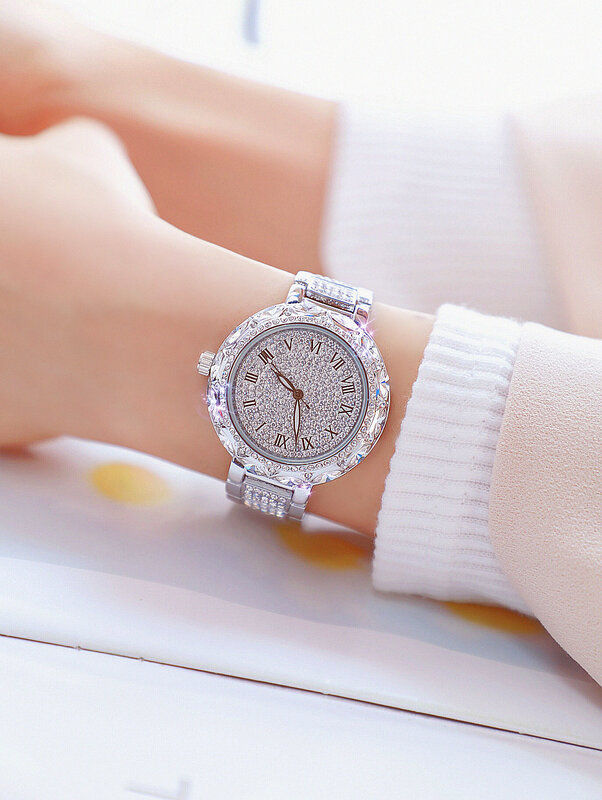 Relógio feminino ouro marca luxo quartzo diamantes mostrador grande relógio de pulso aço inoxidável