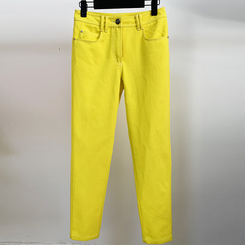 HIGH STREET 2024 Newest Fashion Stylish Designer Jeans Women's Top Stitching Contrast Denim Jeans Pencil Pants Yellow