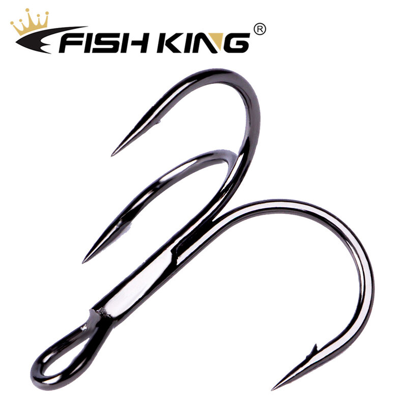 FISH KING 20pcs/Pack Fishing Hook High Carbon Steel Black Nickel Super Sharp Triple Round Fishhooks For Bass
