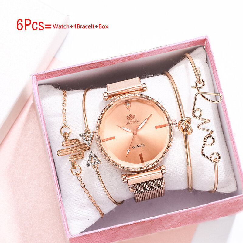 Venda quente senhoras relógio de quartzo 6 pçs bangle relógios para mulheres relógios moda feminina pulseira conjunto feminino diamante relógio com caixa