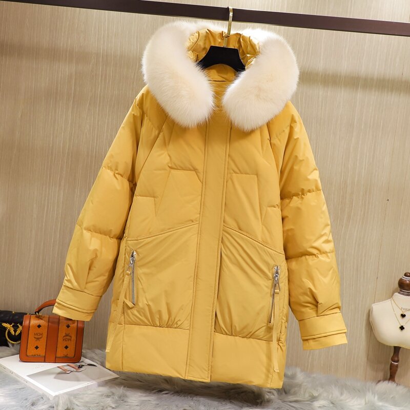 2020 년 안티 시즌 클리어런스 새로운 다운 재킷 여성의 중간 길이 느슨한 한국어 대형 모피 칼라 두꺼운 따뜻한 재킷 조수