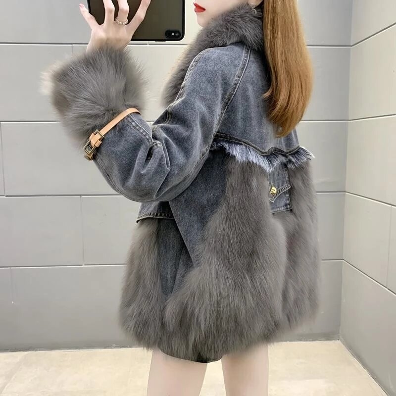 冬の女性のための偽の毛皮のデニムジャケット,ルーズ,韓国のファッション,個性,ワイルド,カウボーイ,暖かい,コート,2022