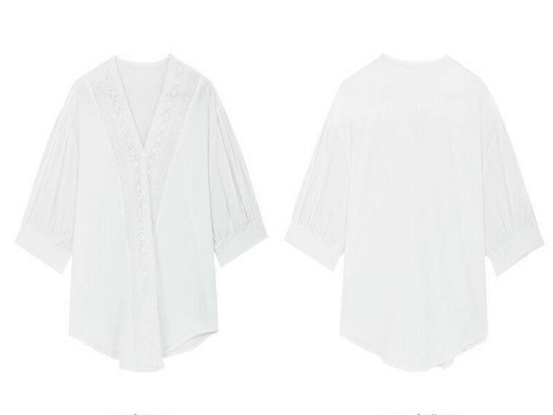 Camisa feminina com manga bufante, camisa retrô de renda, com decote em v, meia manga, para o verão, com botões finos, casual