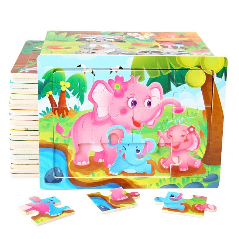 15*11cm 12 sztuk drewniane Puzzle zabawki edukacyjne dla dzieci Cartoon zwierząt/ruchu 3dD drewniana układanka zabawki dla dzieci prezenty