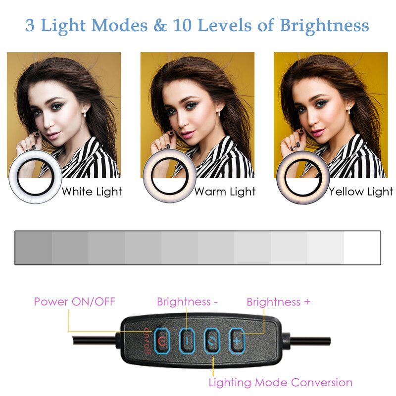 LED Desktop Makeup Video Light Kit, USB Plug, Table, Facetime Call, Live Streaming, Ring Light with Clamp Mount, Phone Tripod