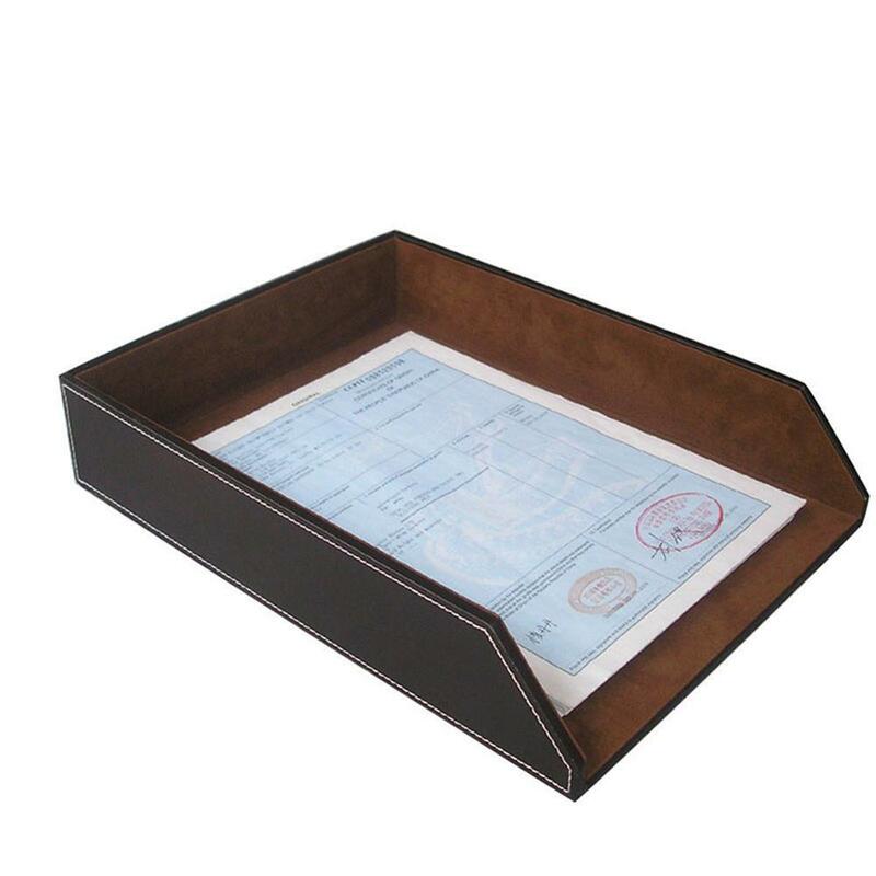 High Quality PU Leather Document Tray Office File Rack Shelf Wooden Magazine Holder A4 Letter File Organizer