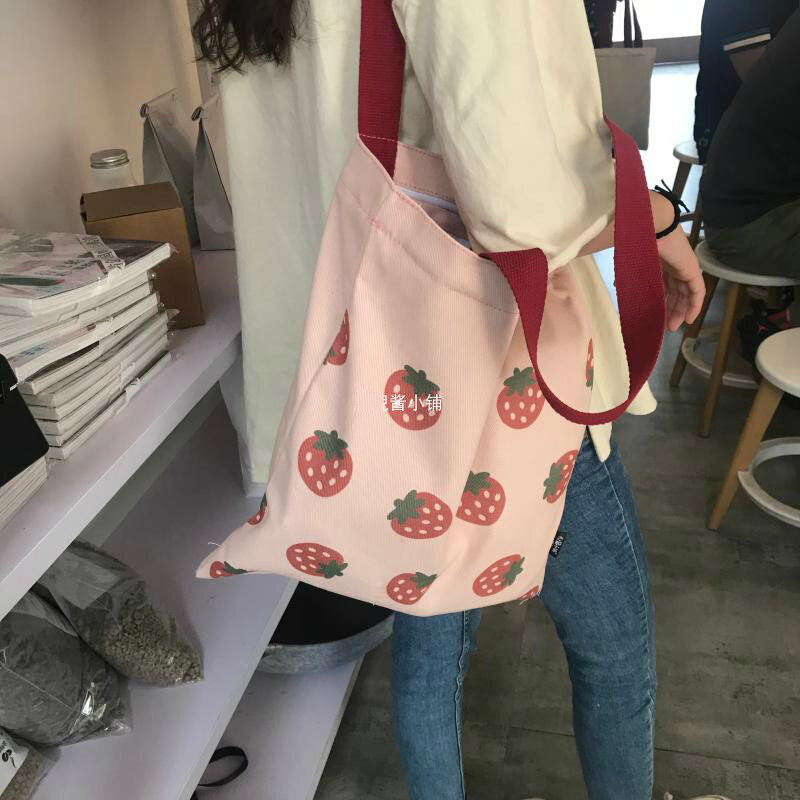 Shopping Bags Women Strawberry Printed Kawaii Cute Ins Canvas  Large Capacity Womens  Handbag Student Tote  Ulzzang New