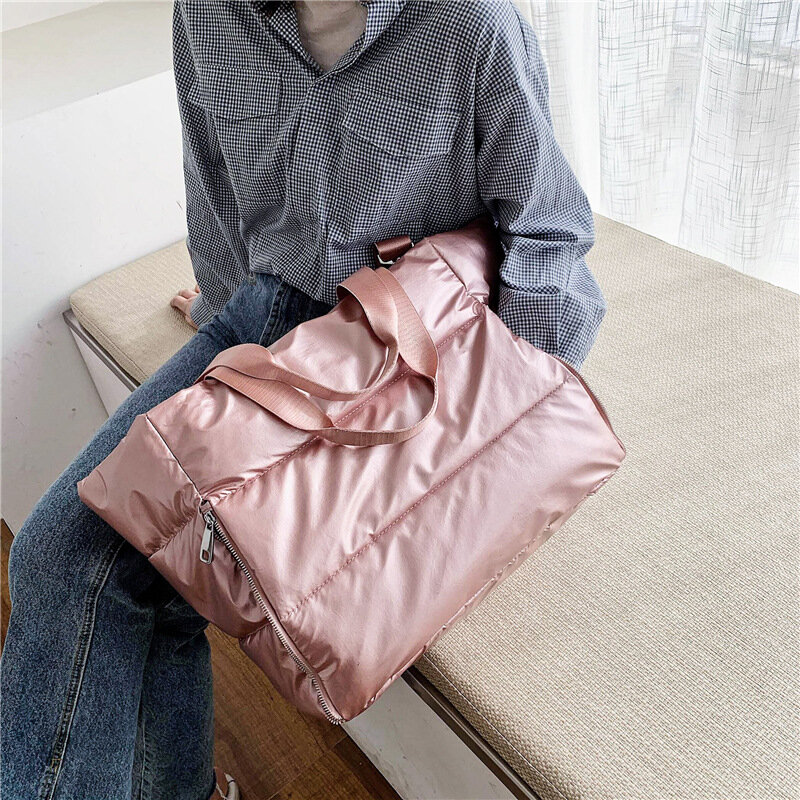 Bolsa de ombro de grande capacidade para mulheres, sacos de nylon impermeáveis, bolsa de algodão acolchoada espaço para baixo, bolsa feminina, inverno, 2022