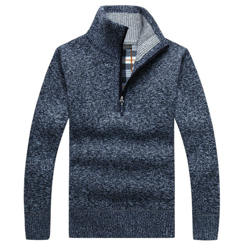 Мужской плотный теплый вязаный пуловер, Однотонный свитер с длинным рукавом и высоким воротником, теплый флисовый джемпер на молнии, удобная одежда на осень 2023