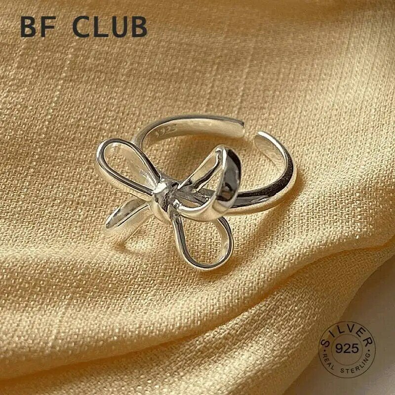 Korean Real S925 Sterling Silver Fine Rings Simple Bow Pattern Gold Plated Circle Personality Fashion Retro Rings Women Jewelry
