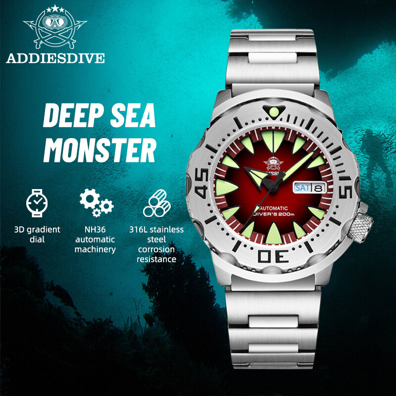 ADDIESDIVE Monster relógios mecânicos automáticos para homens, aço inoxidável Sapphire, moldura cerâmica, 200m impermeável Diver Watch, NH36
