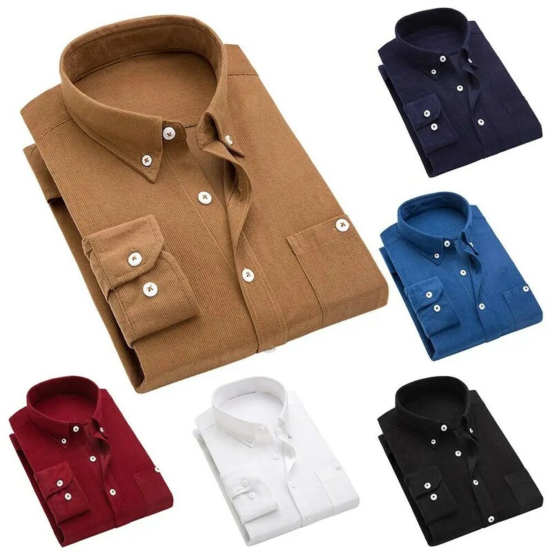 2019 winter men's corduroy slim men's long-sleeved thick shirt men's dress men's casual solid color men's shirt fleece