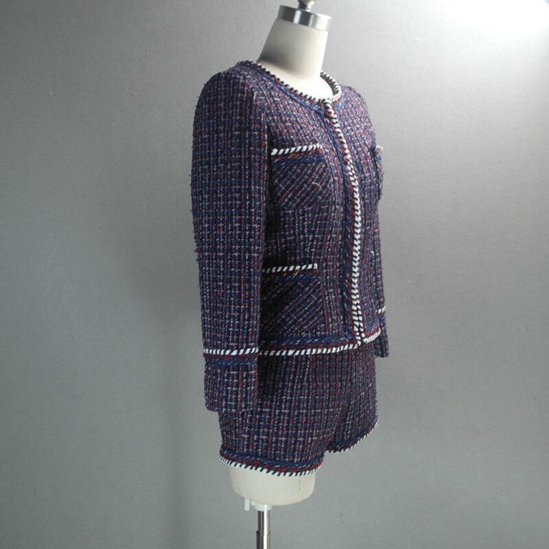 Conjunto de chaqueta y pantalones cortos de Tweed para mujer, abrigo de cuello redondo, chaquetas pequeñas de fragancia, traje de mujer tejido púrpura, trajes de marca para mujer, 2 piezas