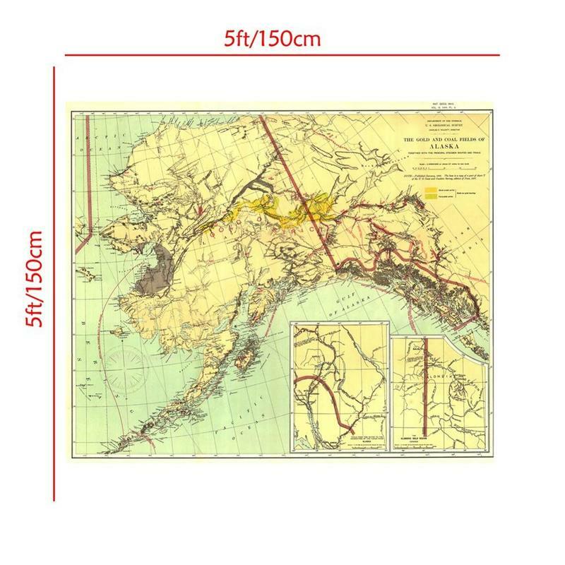 5 * 5ft não tecido não-cheiro mapa os campos de ouro e carvão do alasca em 1898 edição mapa para sala de estar escritório decoração da parede