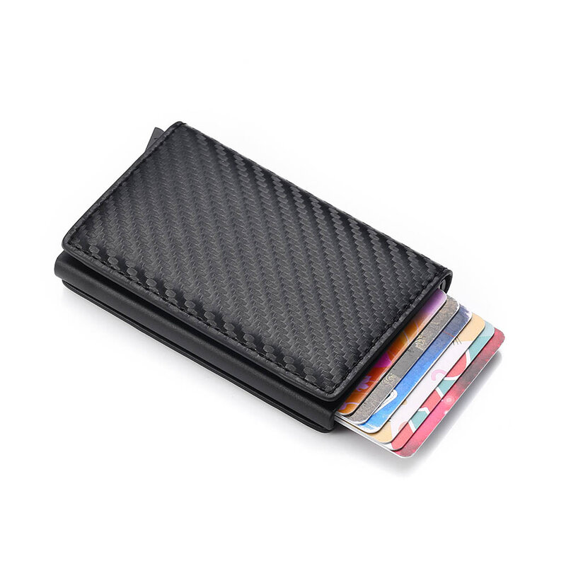Tarjetero Rfid de fibra de carbono para hombre y mujer, billetera pequeña de cuero con triple pliegue mágico negro, Unisex, 2022