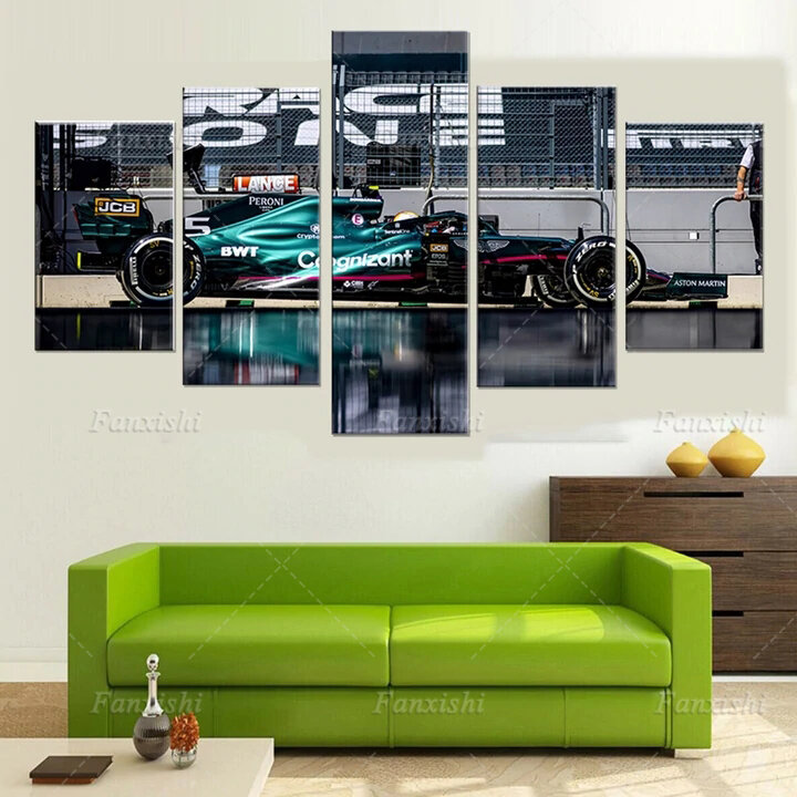 Póster de Arte de pared para decoración del hogar, pintura en lienzo, impresión Hd, imágenes modulares para sala de estar, Blue F1 Car AMR21, Vincent Vettel, 5 piezas