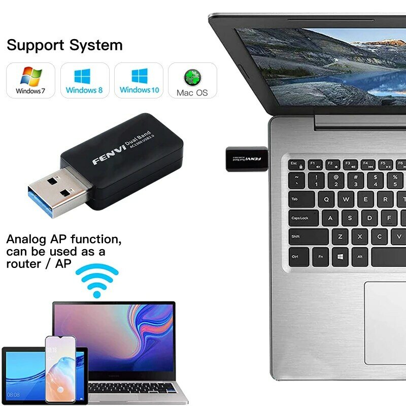 PC 와이파이 동글 듀얼 밴드 미니 무선 수신기 노트북, 1300Mbps USB 와이파이 어댑터, 2.4G 5Ghz 네트워크 WLAN 카드, 802.11n/g/b/ac