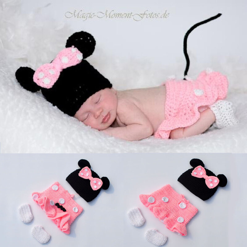 Baby Boy Girls abbigliamento fotografia oggetti di scena accessori neonati 0-3M costumi Minnie fatti a mano in confezione da 3 pezzi per neonati